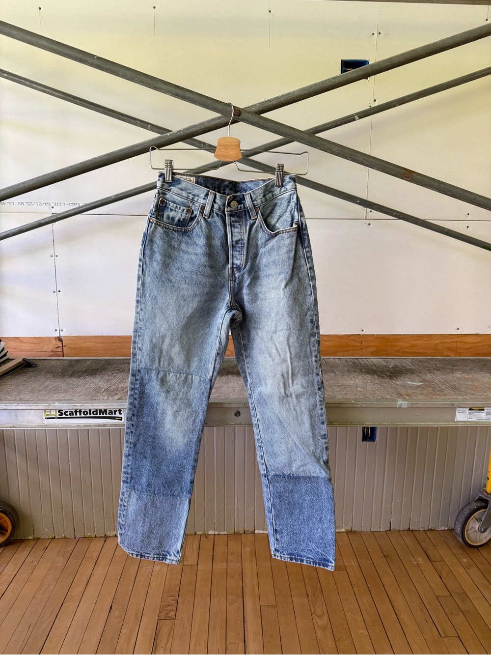 Levi's 501 Clean Craft Light Blue Patchwork Straight Leg Jeans - Picture 2 of 4